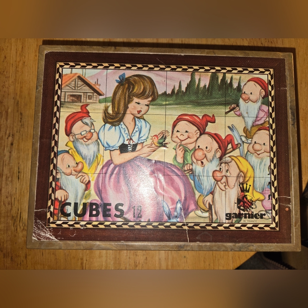 VTG "GARNIER" MADE IN FRANCE w/12 CUBES THAT MAKES 6 PUZZLES-7 1/4"W